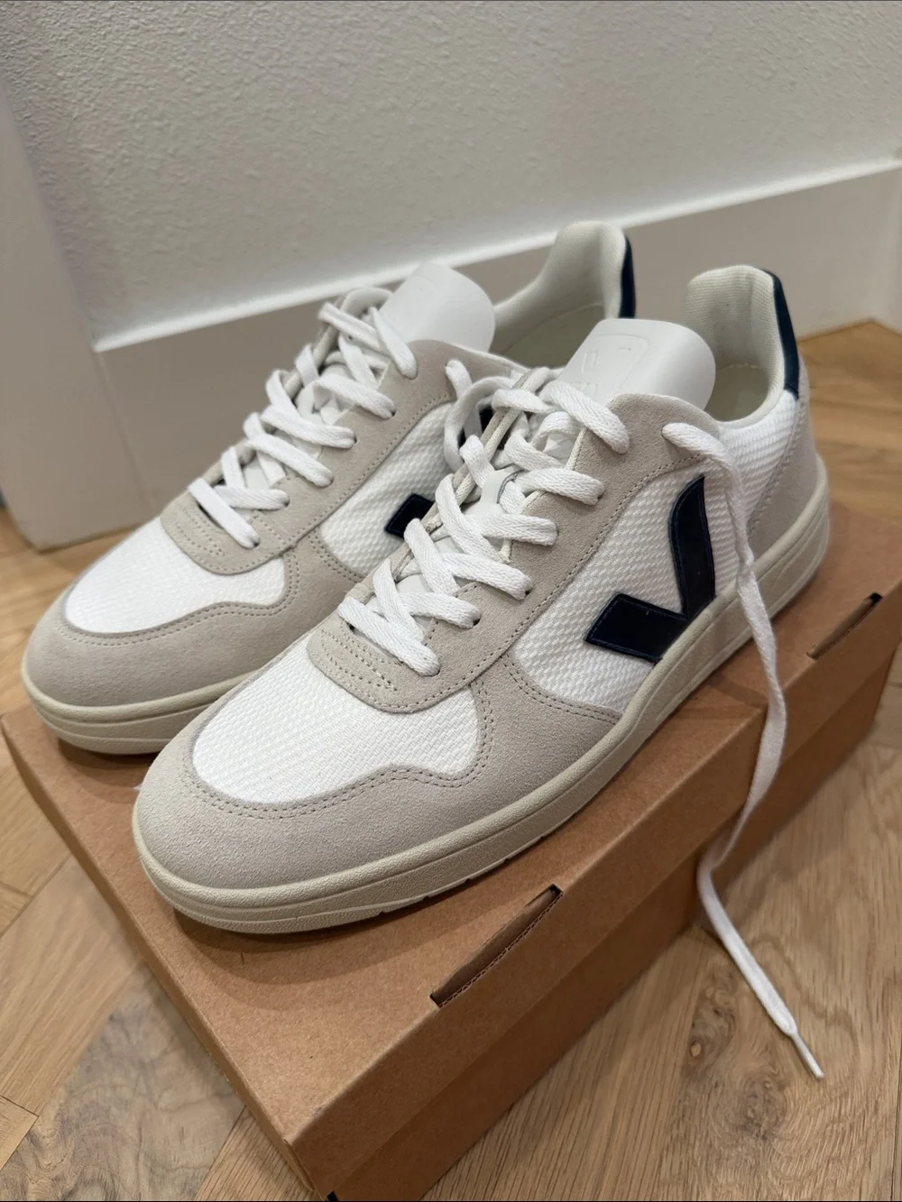 Veja Men's White and Beige Sneakers with Navy V Logo